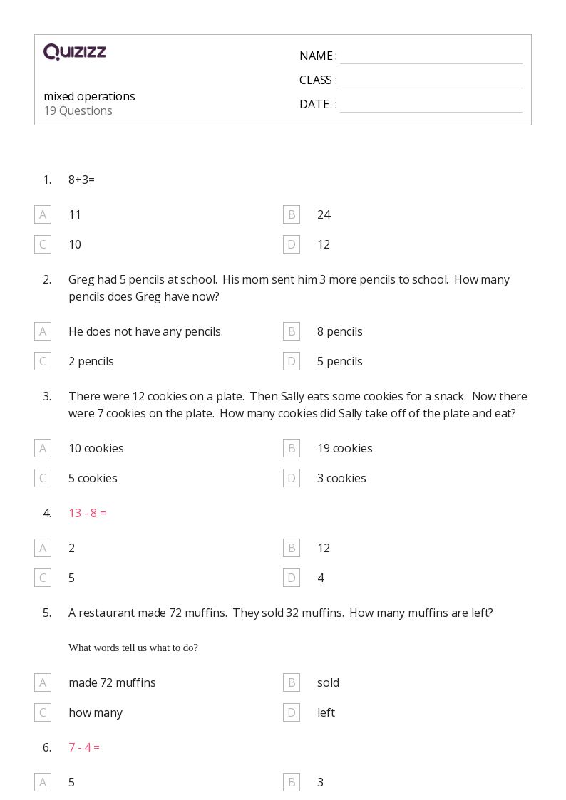 50+ Mixed Operations worksheets for 1st Class on Quizizz Free & Printable