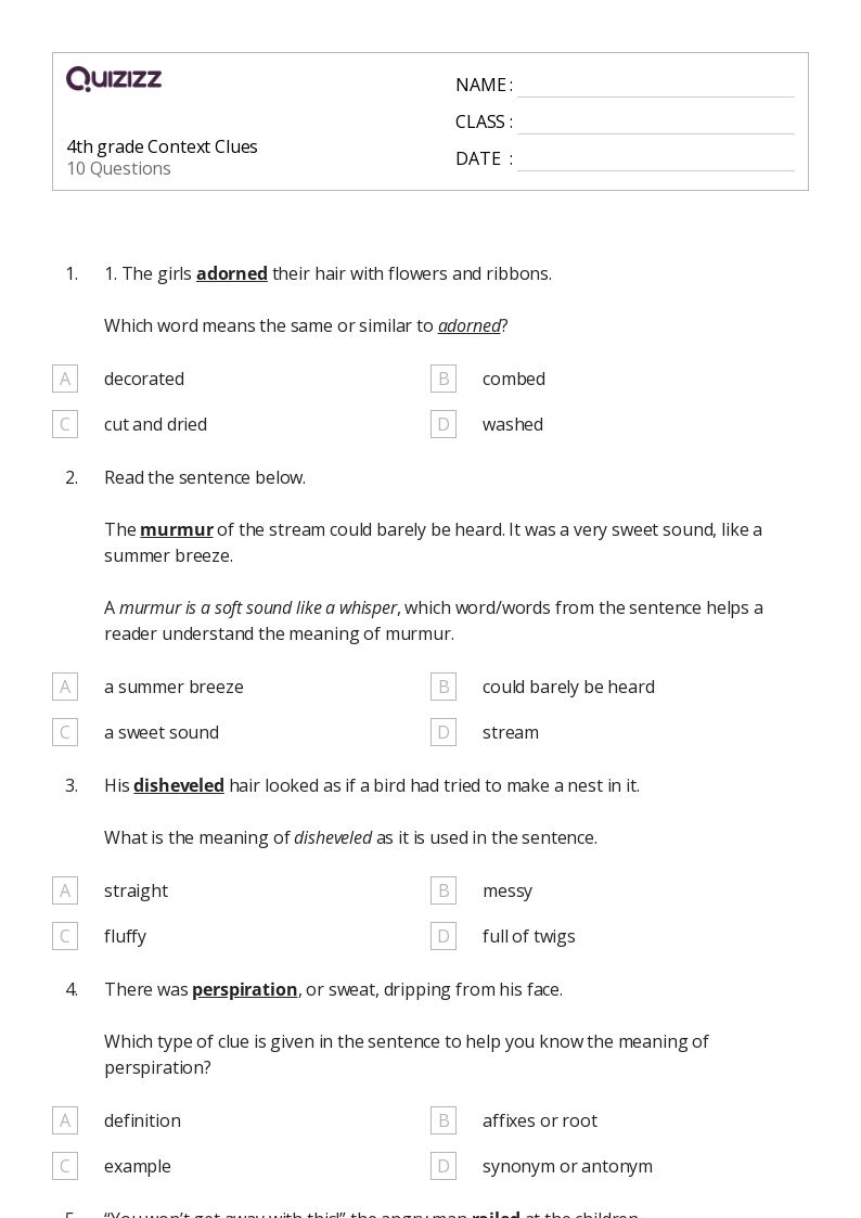 50+ Determining Meaning Using Context Clues worksheets for 4th Grade on Quizizz Free & Printable