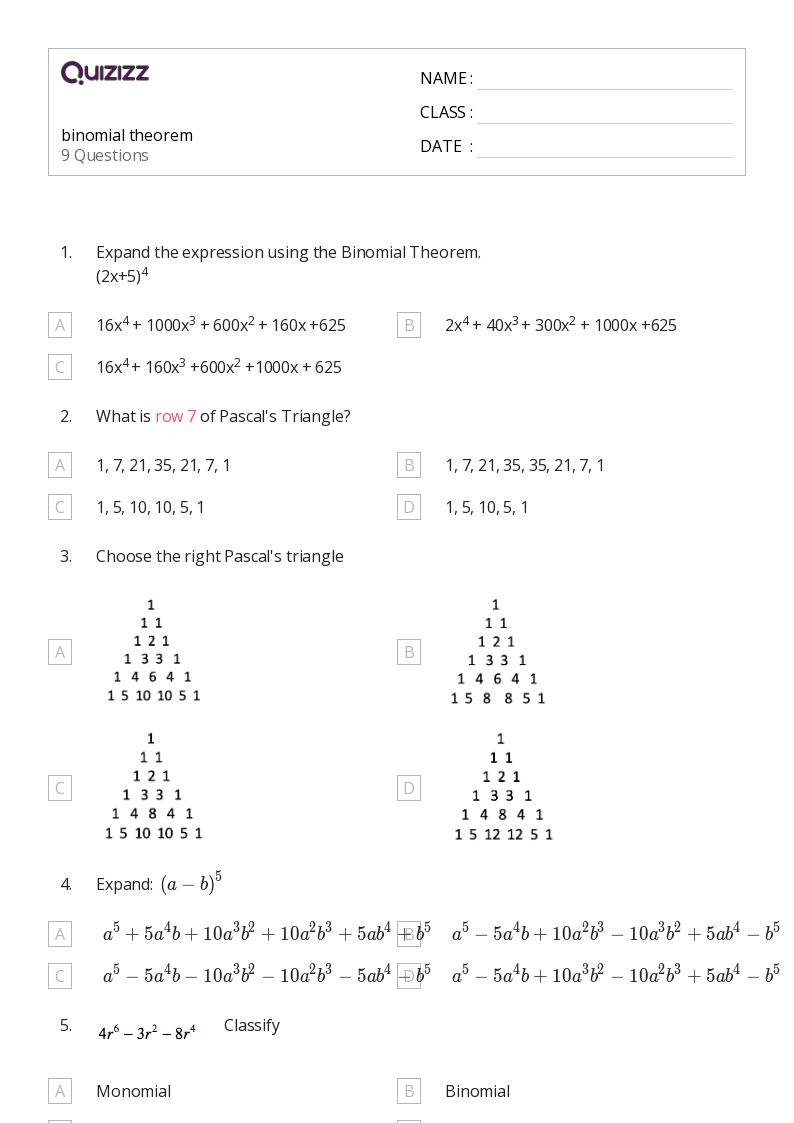 Printable binomial theorem Worksheets for Grade 12 | Quizizz
