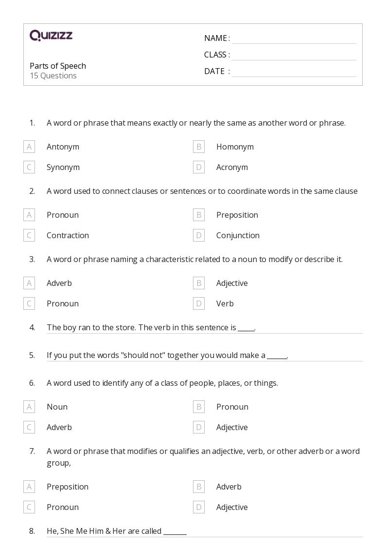 50+ Parts of Speech worksheets for 6th Grade on Quizizz Free & Printable