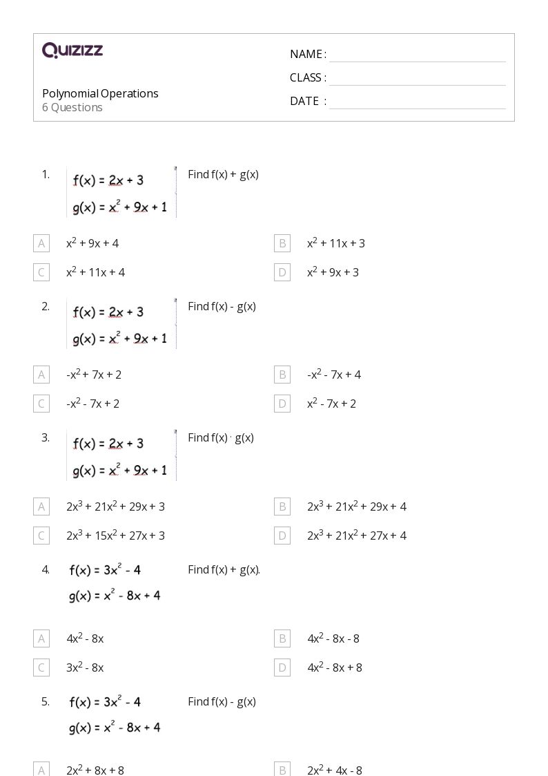 50+ Polynomial Operations worksheets for 10th Grade on Quizizz Free
