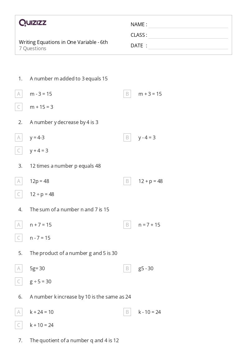 50+ Writing Equations worksheets for 6th Grade on Quizizz Free & Printable