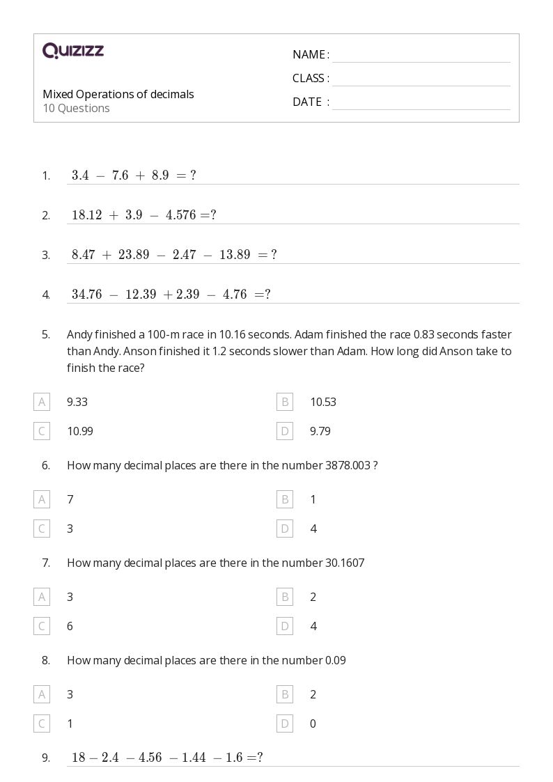 Printable Mixed Operations Worksheets for Class 5 Quizizz