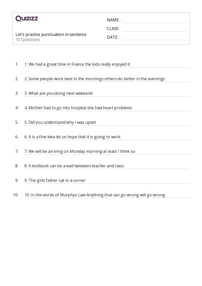 50+ Sentences Punctuation worksheets for 2nd Class on Quizizz Free