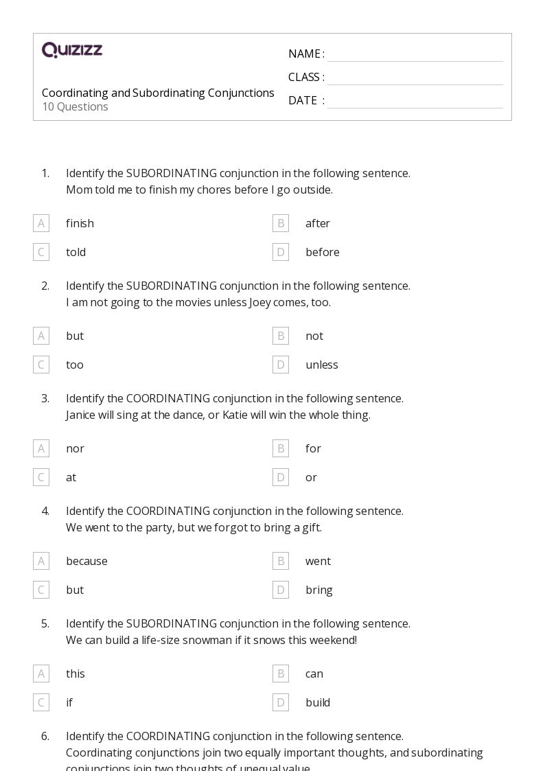 50+ Coordinating Conjunctions worksheets for 5th Grade on Quizizz Free & Printable