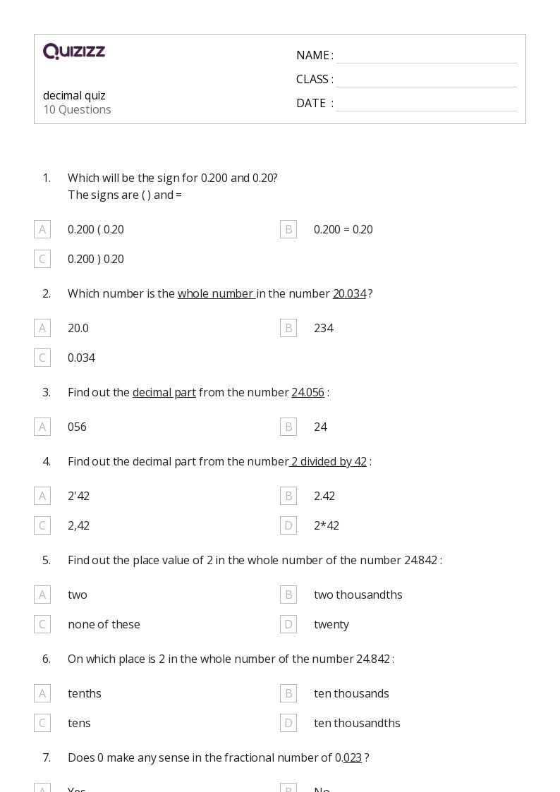 50+ Subtracting Decimals worksheets for 1st Class on Quizizz Free & Printable