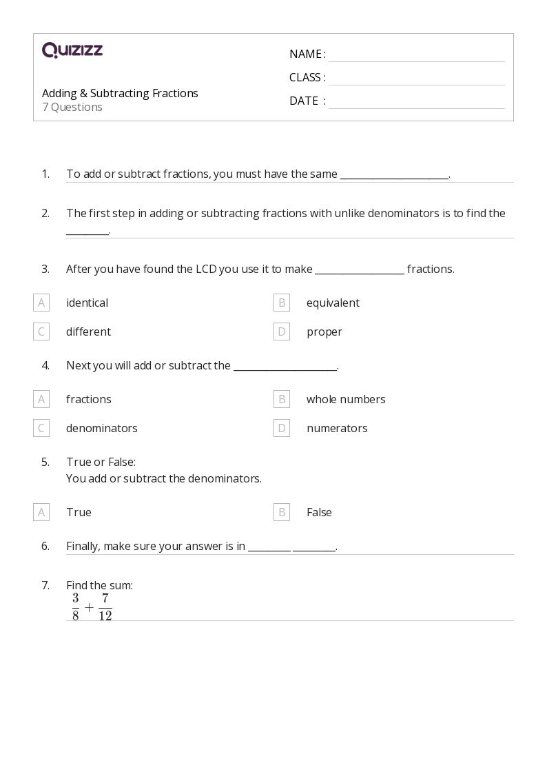 50+ Adding Fractions with Unlike Denominators worksheets for 7th Grade on Quizizz Free & Printable