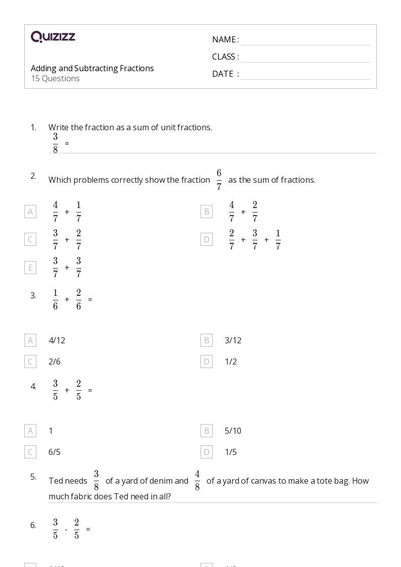 50+ Adding and Subtracting Fractions worksheets for 4th Grade on Quizizz Free & Printable