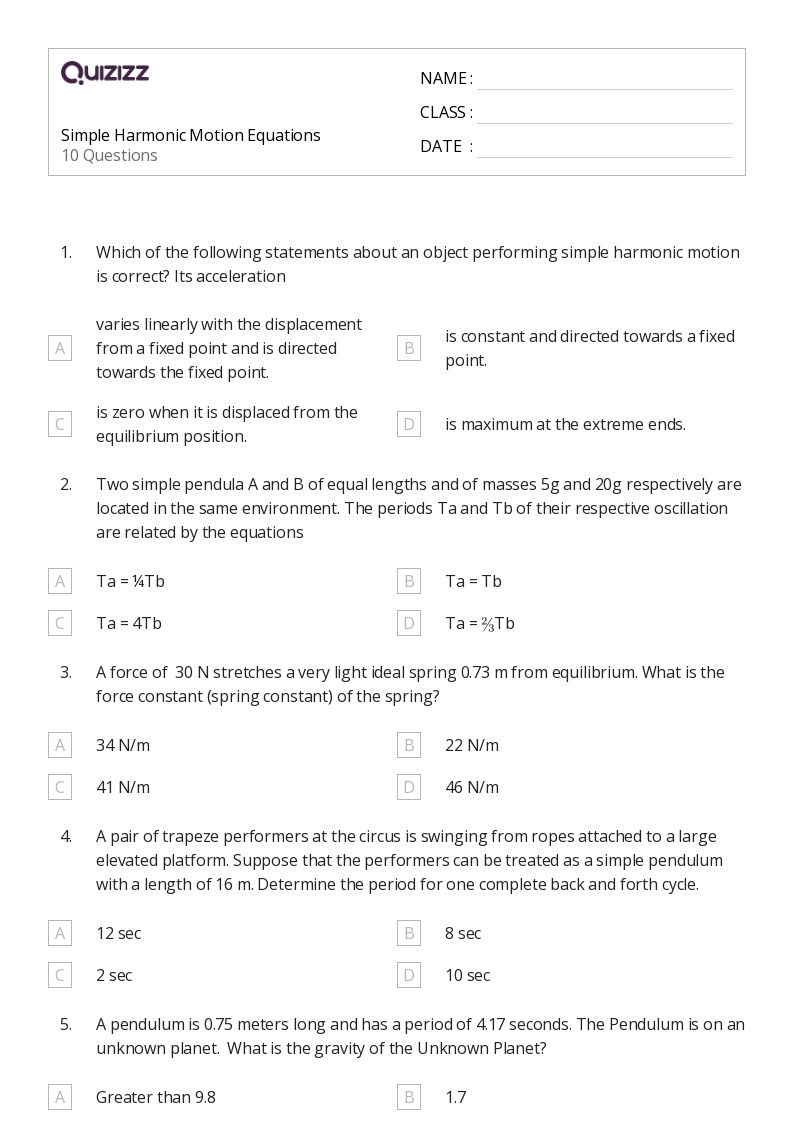 50+ simple harmonic motion worksheets for 12th Grade on Quizizz Free
