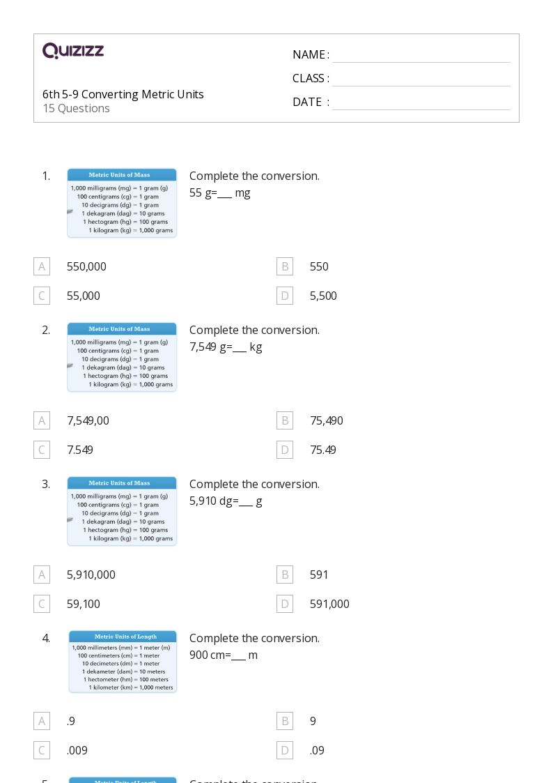 50+ Converting Metric Units worksheets for 6th Grade on Quizizz Free & Printable