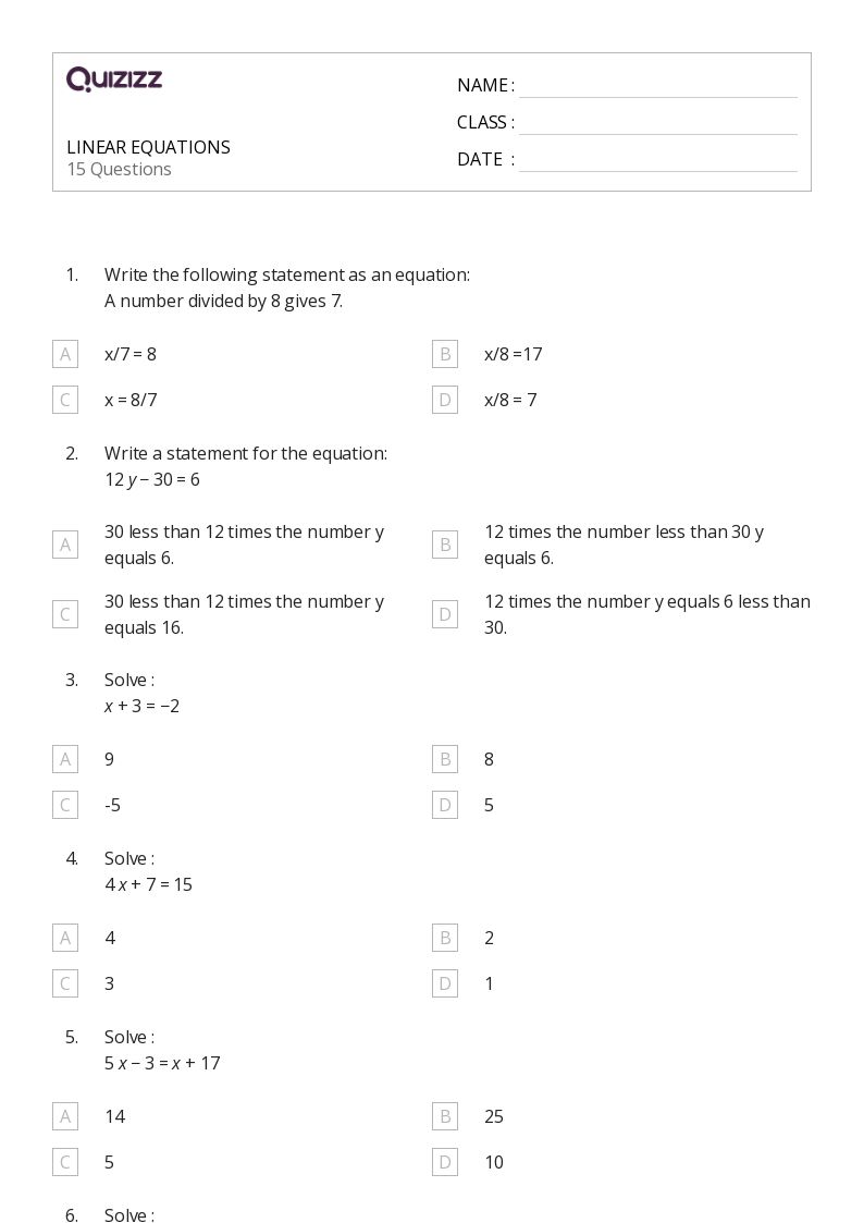 50+ Linear Equations worksheets for 6th Class on Quizizz Free & Printable
