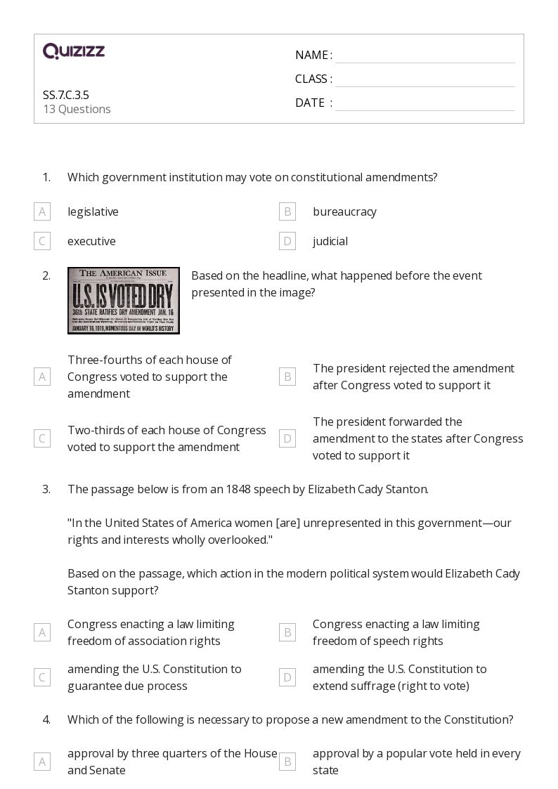 50+ the constitution amendments worksheets for 7th Grade on Quizizz Free & Printable