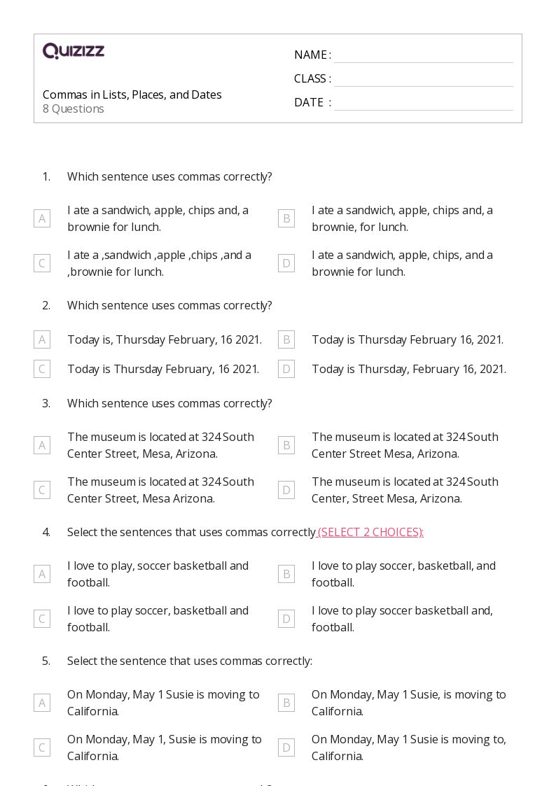 50+ Commas worksheets for 6th Grade on Quizizz Free & Printable