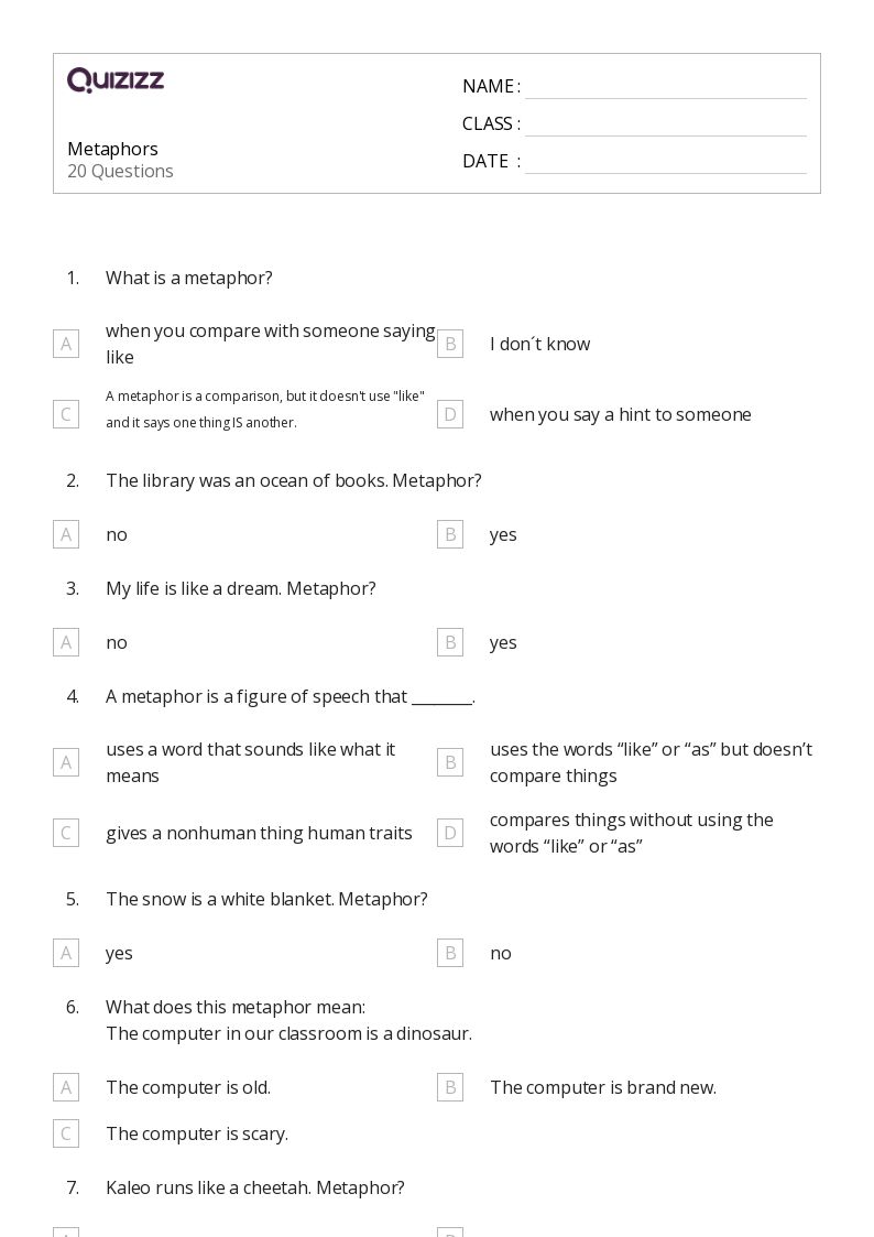 50+ Metaphors worksheets for 3rd Year on Quizizz Free & Printable
