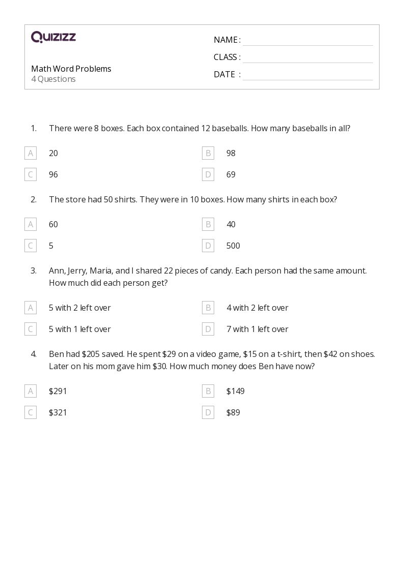 50+ Math Word Problems worksheets for 4th Grade on Quizizz Free