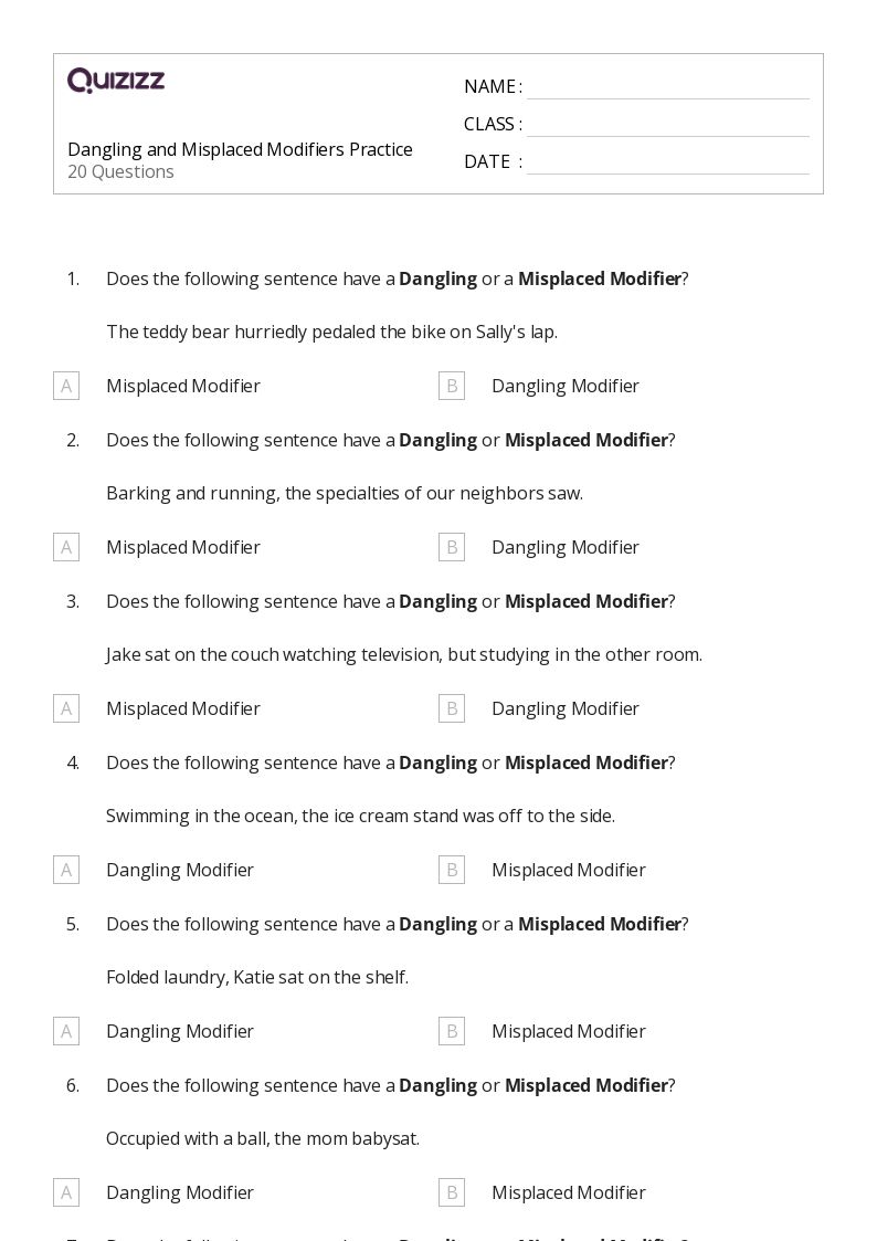 50+ Misplaced and Dangling Modifiers worksheets for 6th Grade on Quizizz Free & Printable
