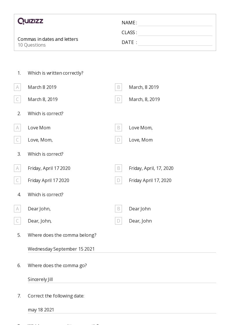 50+ Commas worksheets for 2nd Grade on Quizizz Free & Printable
