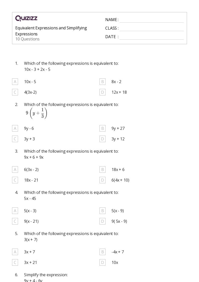 50+ Equivalent Expressions worksheets for 8th Grade on Quizizz | Free