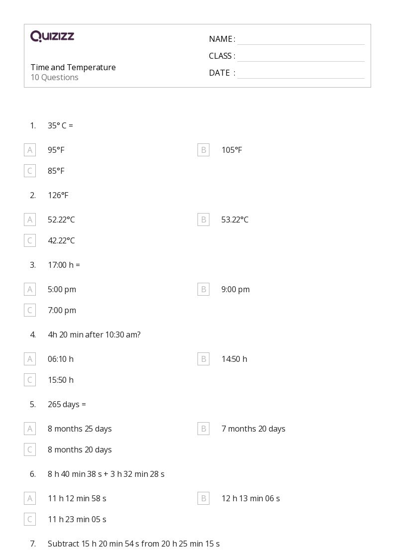 50+ units of temperature worksheets for 5th Class on Quizizz Free