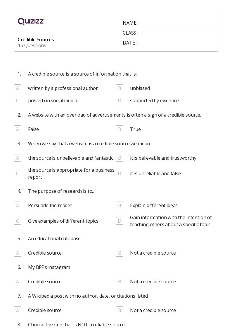 50+ Assessing Credibility of Sources worksheets for 6th Grade on