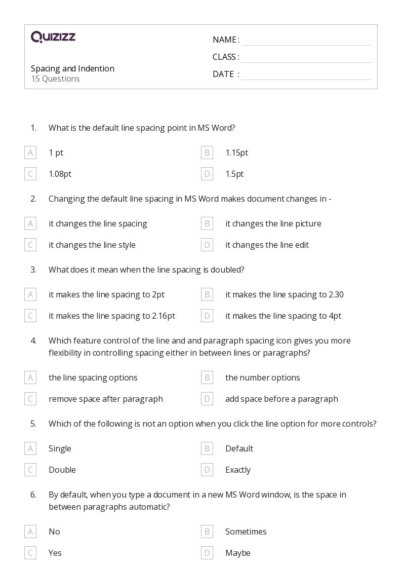 50+ Spacing worksheets for 6th Class on Quizizz Free & Printable