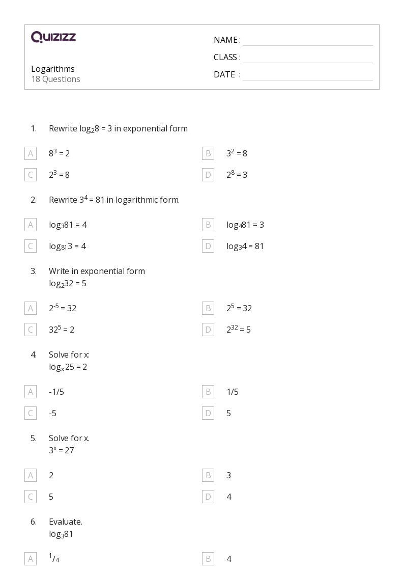 50+ Logarithms worksheets for 10th Grade on Quizizz Free & Printable