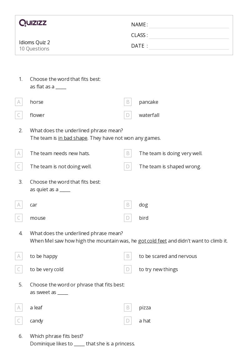 50+ Idioms worksheets for 2nd Grade on Quizizz Free & Printable