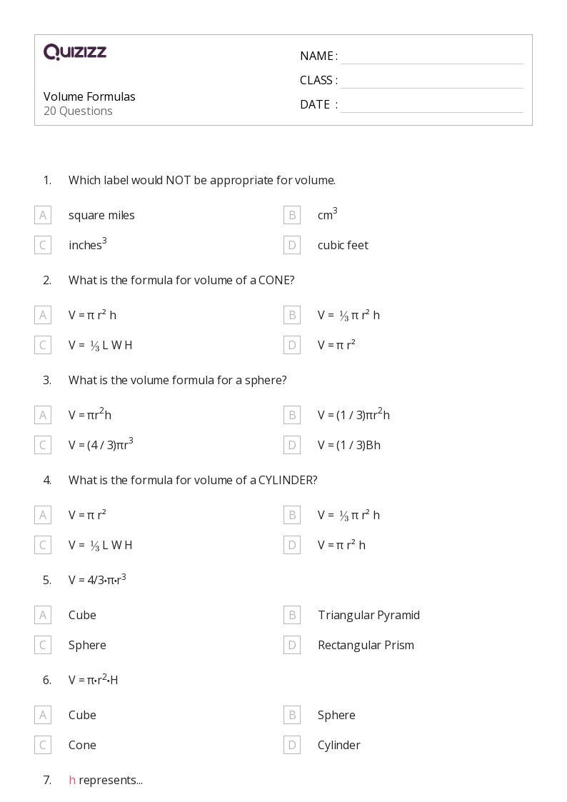 50+ Volume worksheets for 7th Class on Quizizz Free & Printable