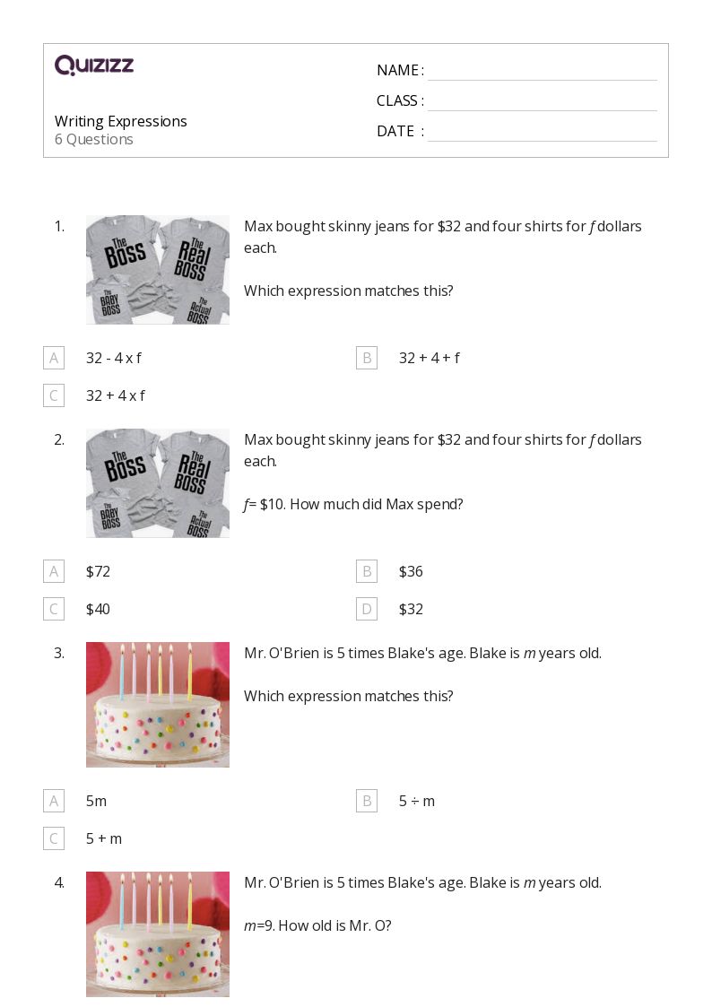 50+ Writing Expressions worksheets for 4th Grade on Quizizz Free