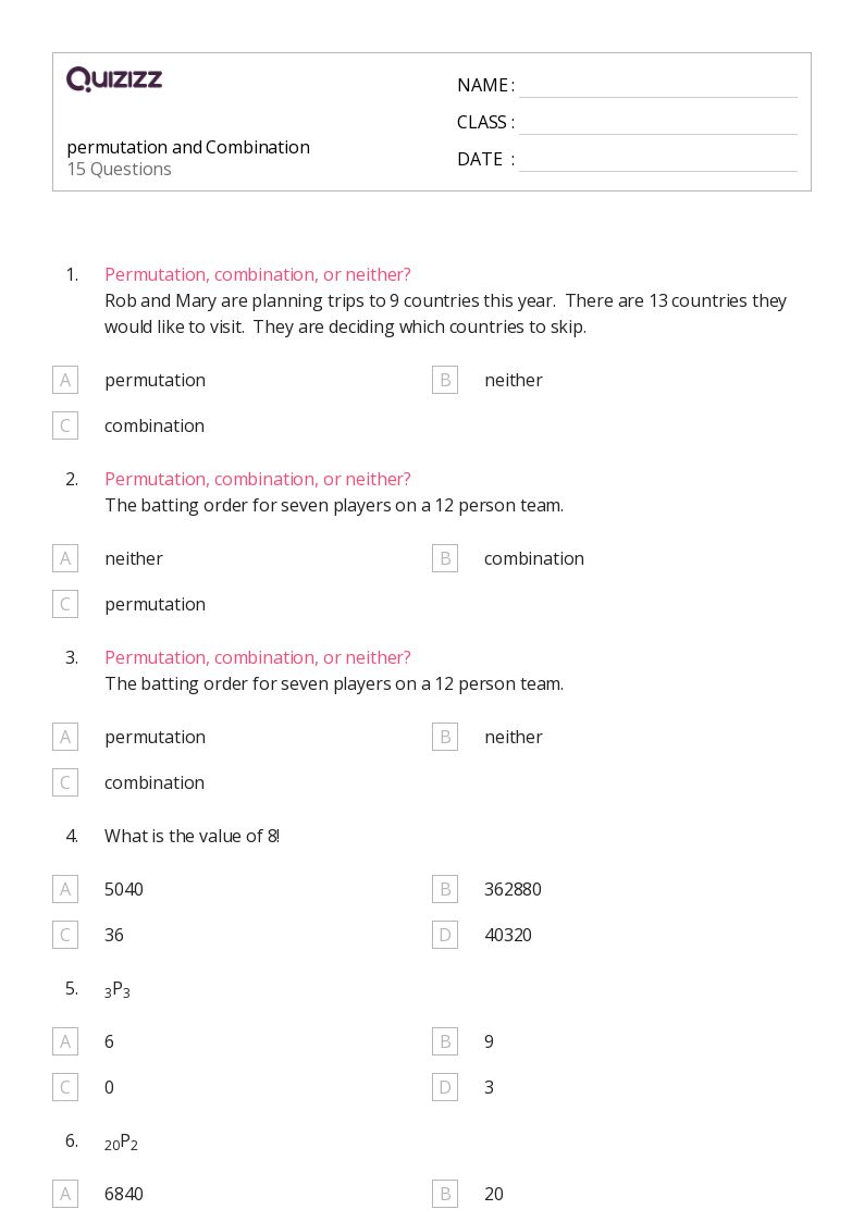 50+ permutation and combination worksheets for 11th Year on Quizizz