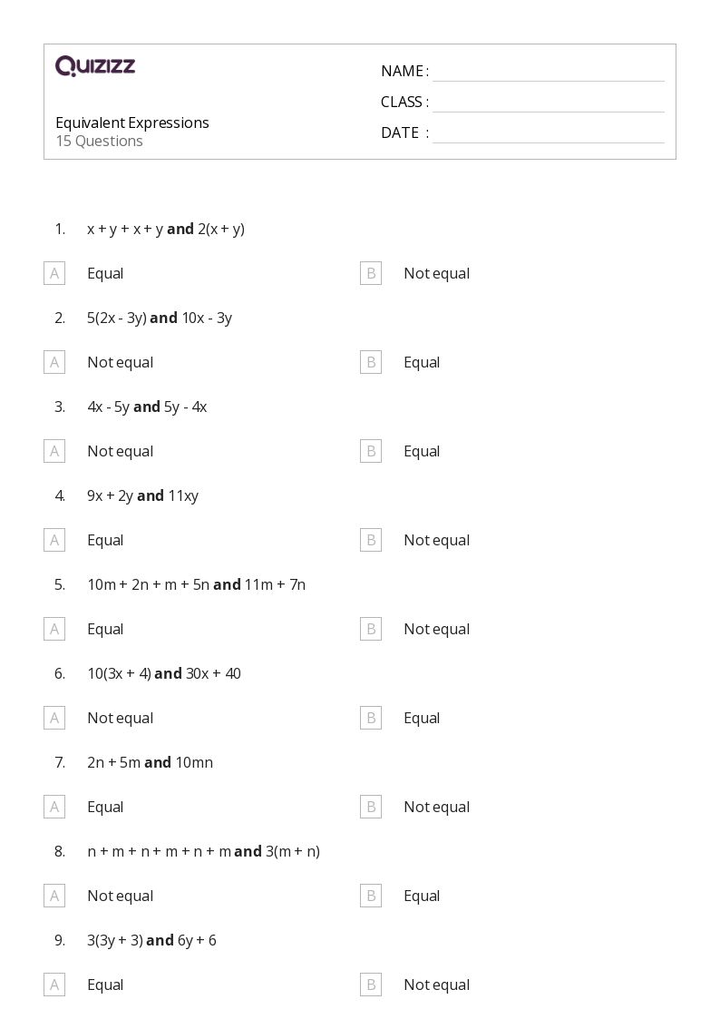 50+ Equivalent Expressions worksheets for 7th Grade on Quizizz Free & Printable