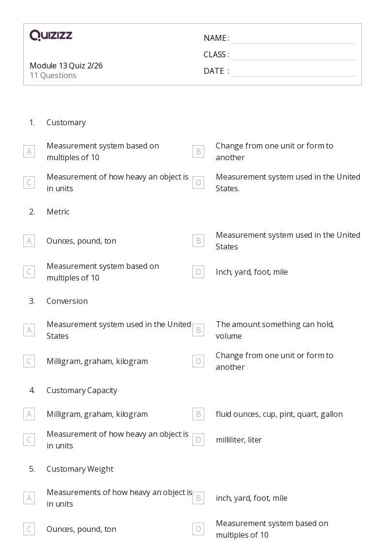 50+ Measurement and Capacity worksheets for 5th Grade on Quizizz Free & Printable