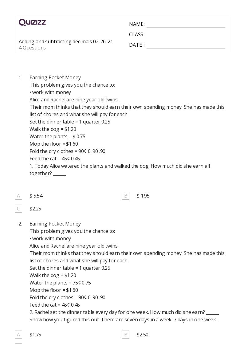 50+ Subtracting Decimals worksheets for 3rd Grade on Quizizz Free & Printable