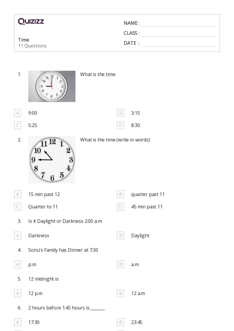 50+ Time worksheets for 4th Class on Quizizz Free & Printable
