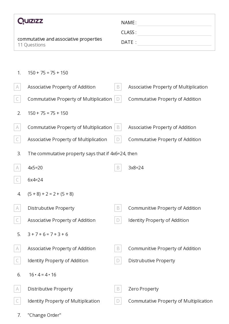 50+ Commutative Property of Multiplication worksheets for 7th Grade on Quizizz Free & Printable