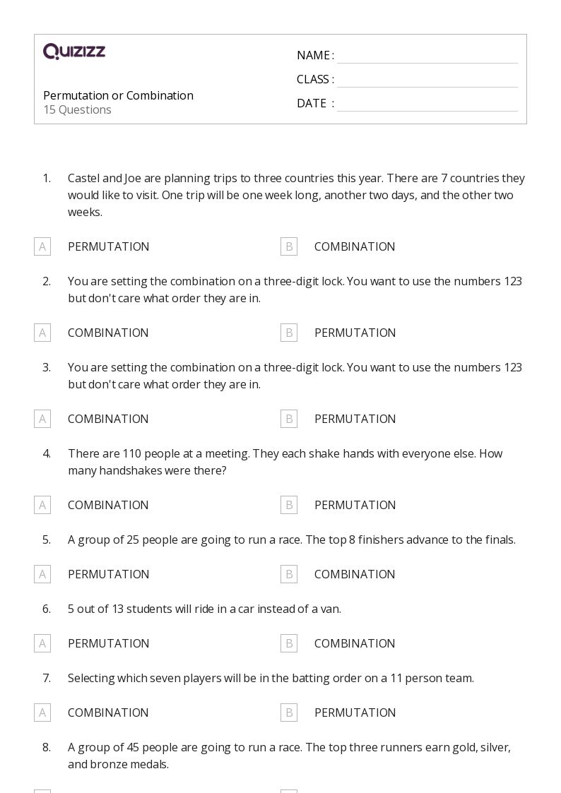 50+ permutation and combination worksheets on Quizizz Free & Printable