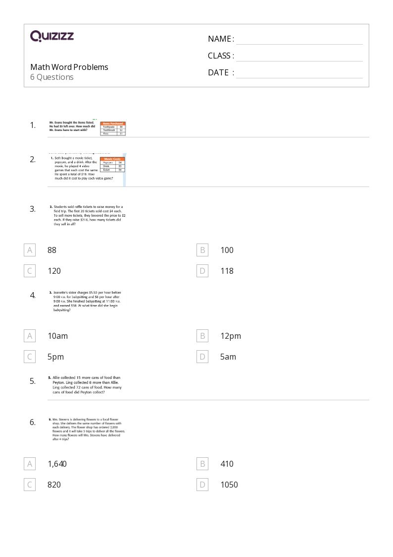 50+ Math Word Problems worksheets for 5th Class on Quizizz Free & Printable