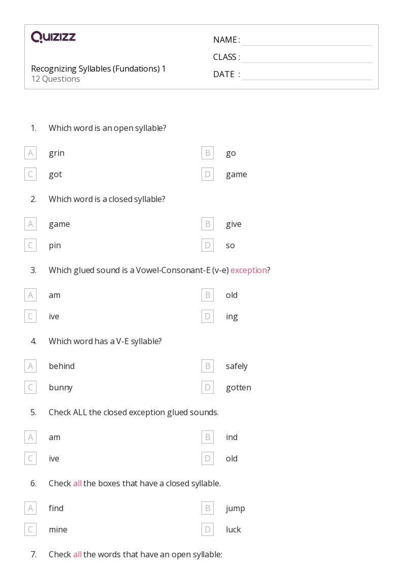 50+ Recognizing Syllables worksheets for 2nd Grade on Quizizz Free