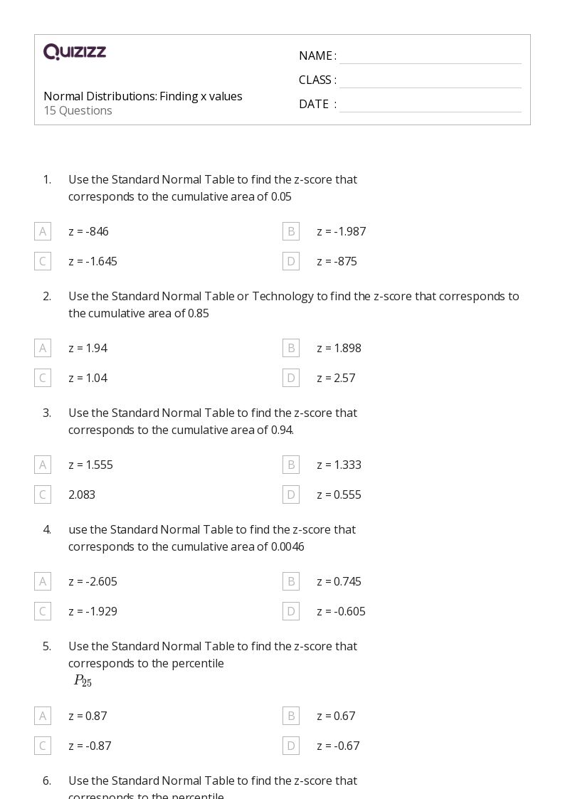 50+ normal distribution worksheets for Grade 10 on Quizizz Free & Printable