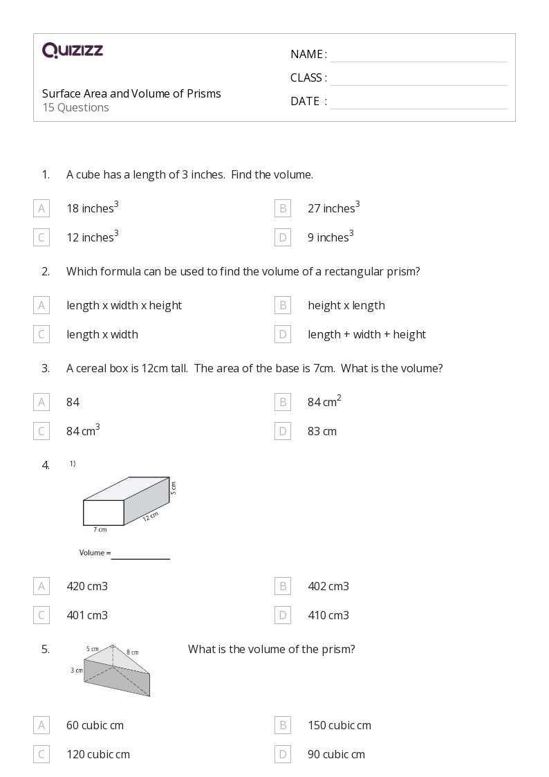 50+ volume and surface area of prisms worksheets for 9th Grade on