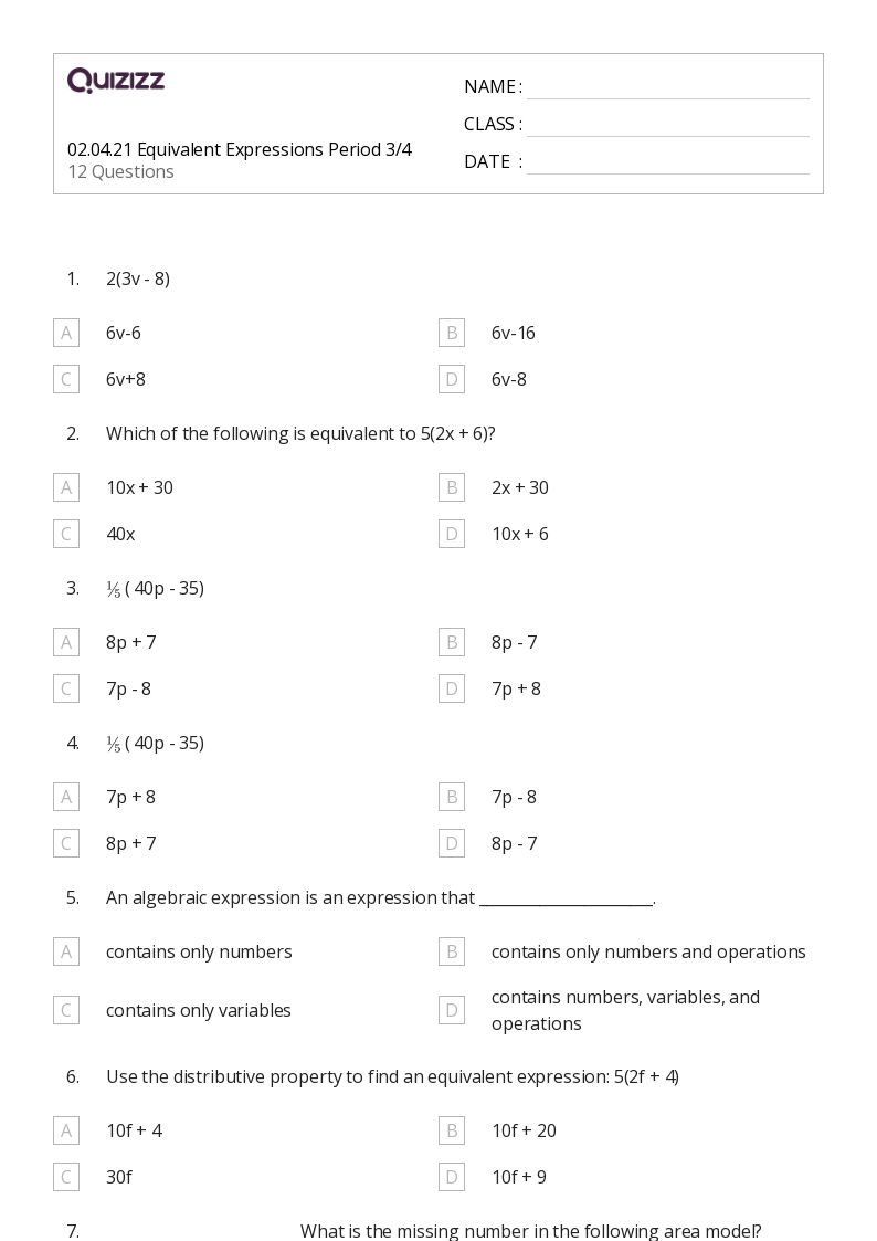50+ Equivalent Expressions worksheets for 7th Grade on Quizizz | Free