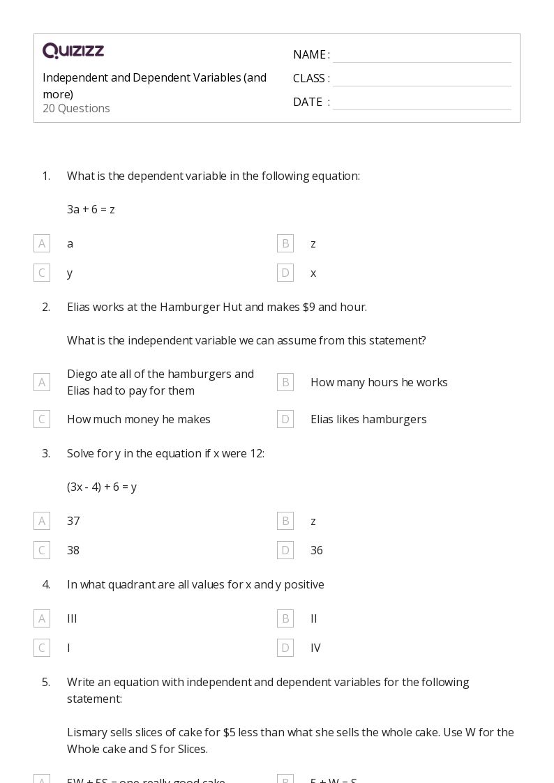 50+ dependent variables worksheets for 8th Class on Quizizz Free & Printable