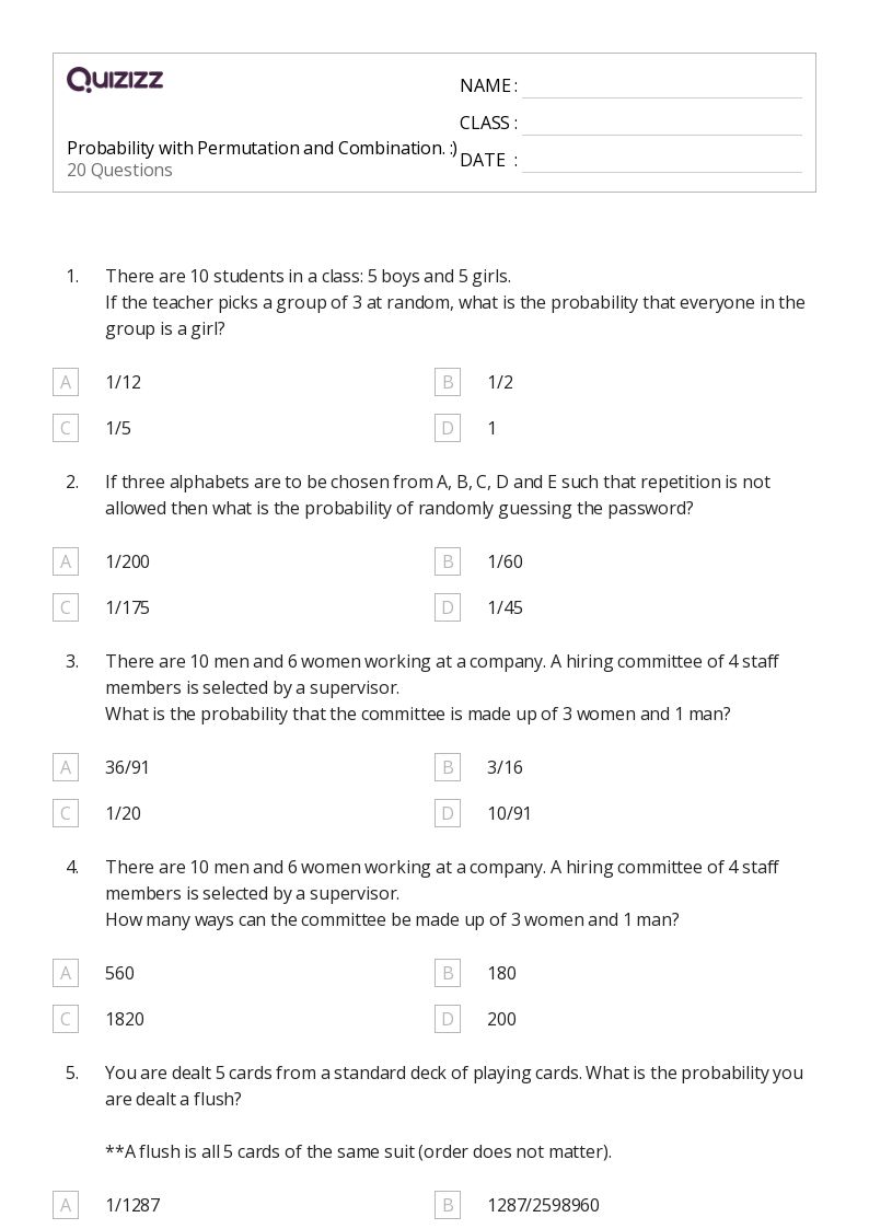 50+ permutation and combination worksheets on Quizizz Free & Printable