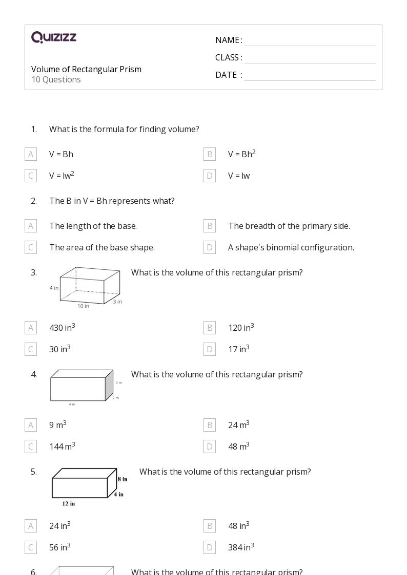 50+ Volume of a Rectangular Prism worksheets for 7th Grade on Quizizz Free & Printable