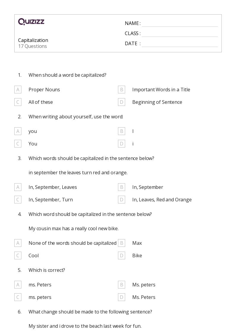 50+ Words Capitalization worksheets for 3rd Grade on Quizizz Free & Printable