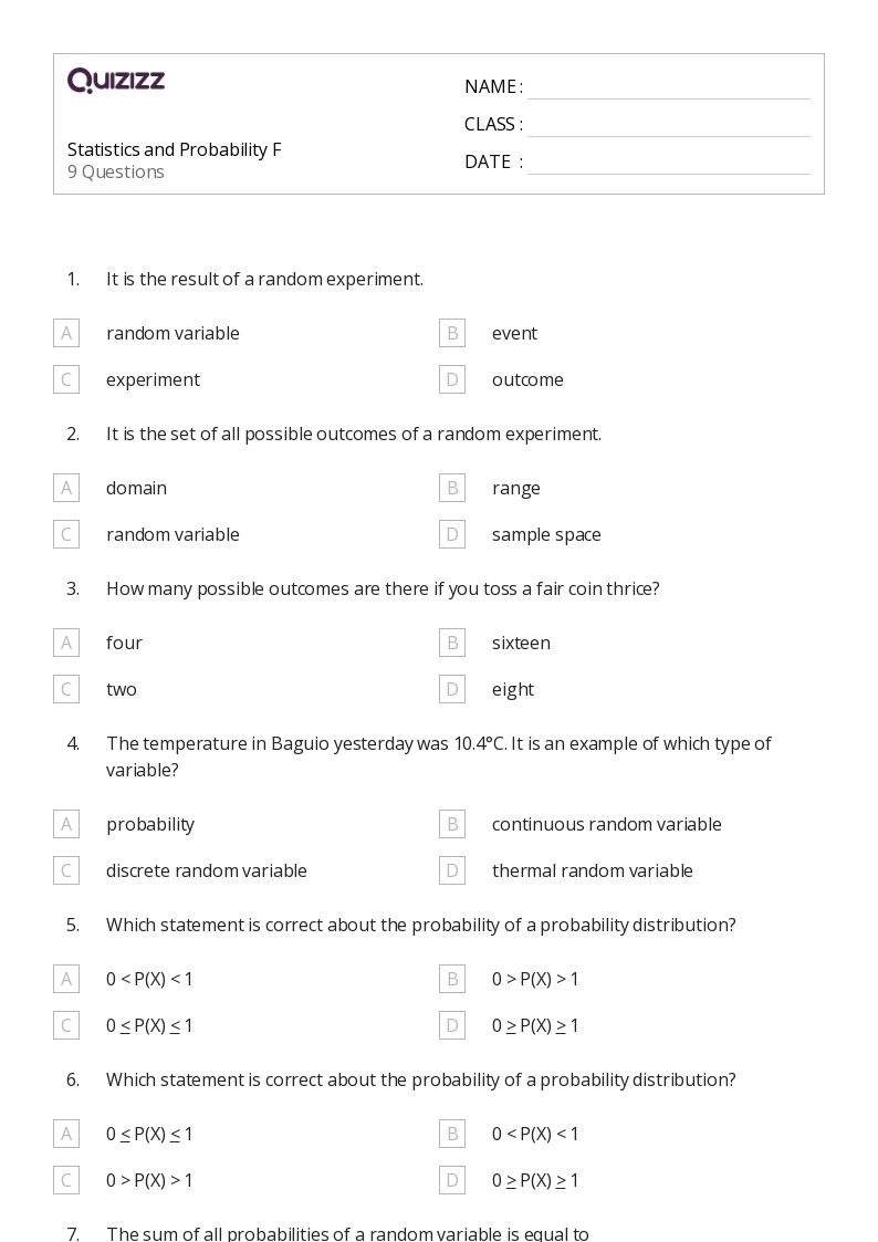 50+ Statistics and Probabilities worksheets for 9th Grade on Quizizz