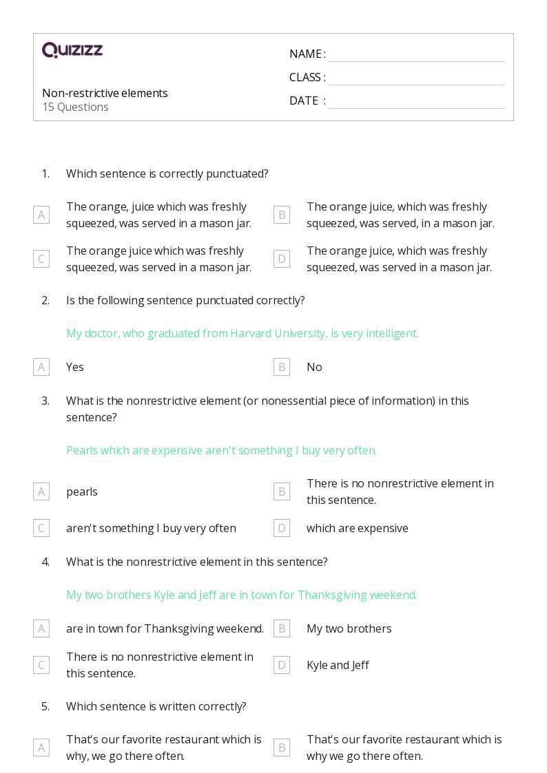 50+ Commas With Nonrestrictive Elements worksheets for 6th Year on