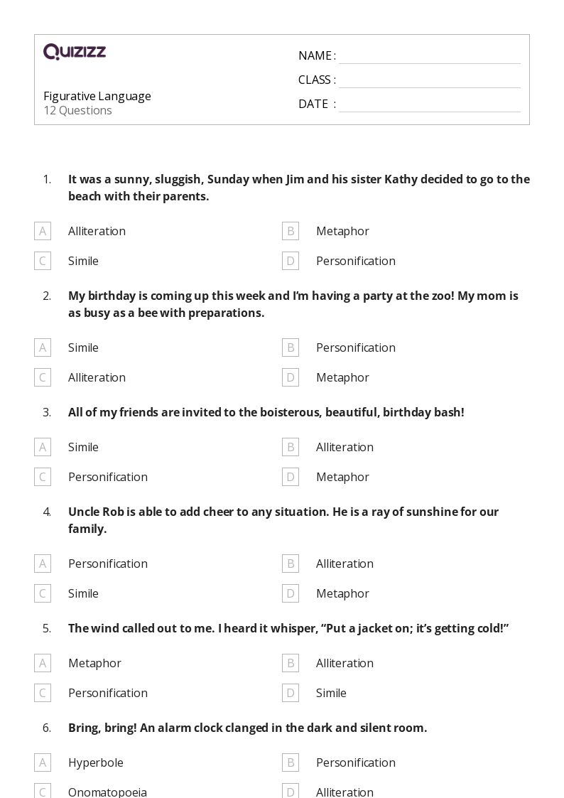 50+ Figurative Language worksheets for 5th Grade on Quizizz Free & Printable