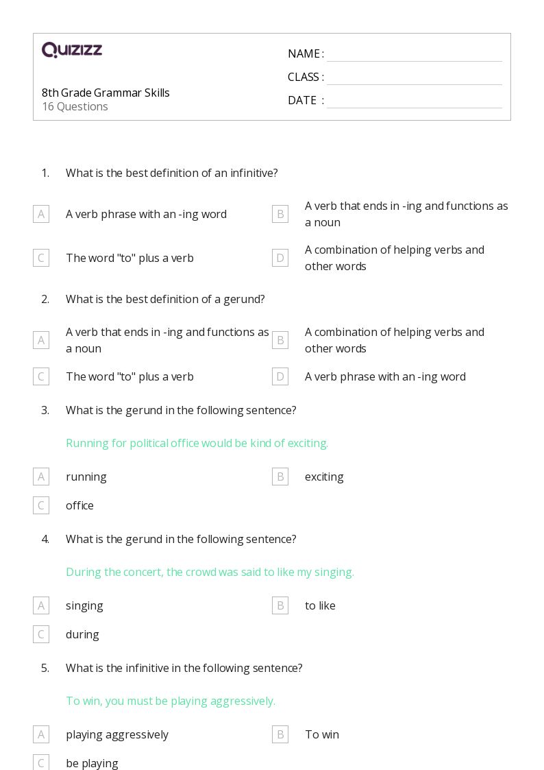 50+ Grammar worksheets for 8th Grade on Quizizz | Free & Printable