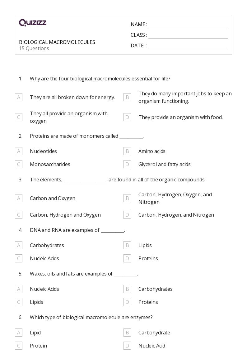 50+ macromolecules worksheets on Quizizz | Free & Printable